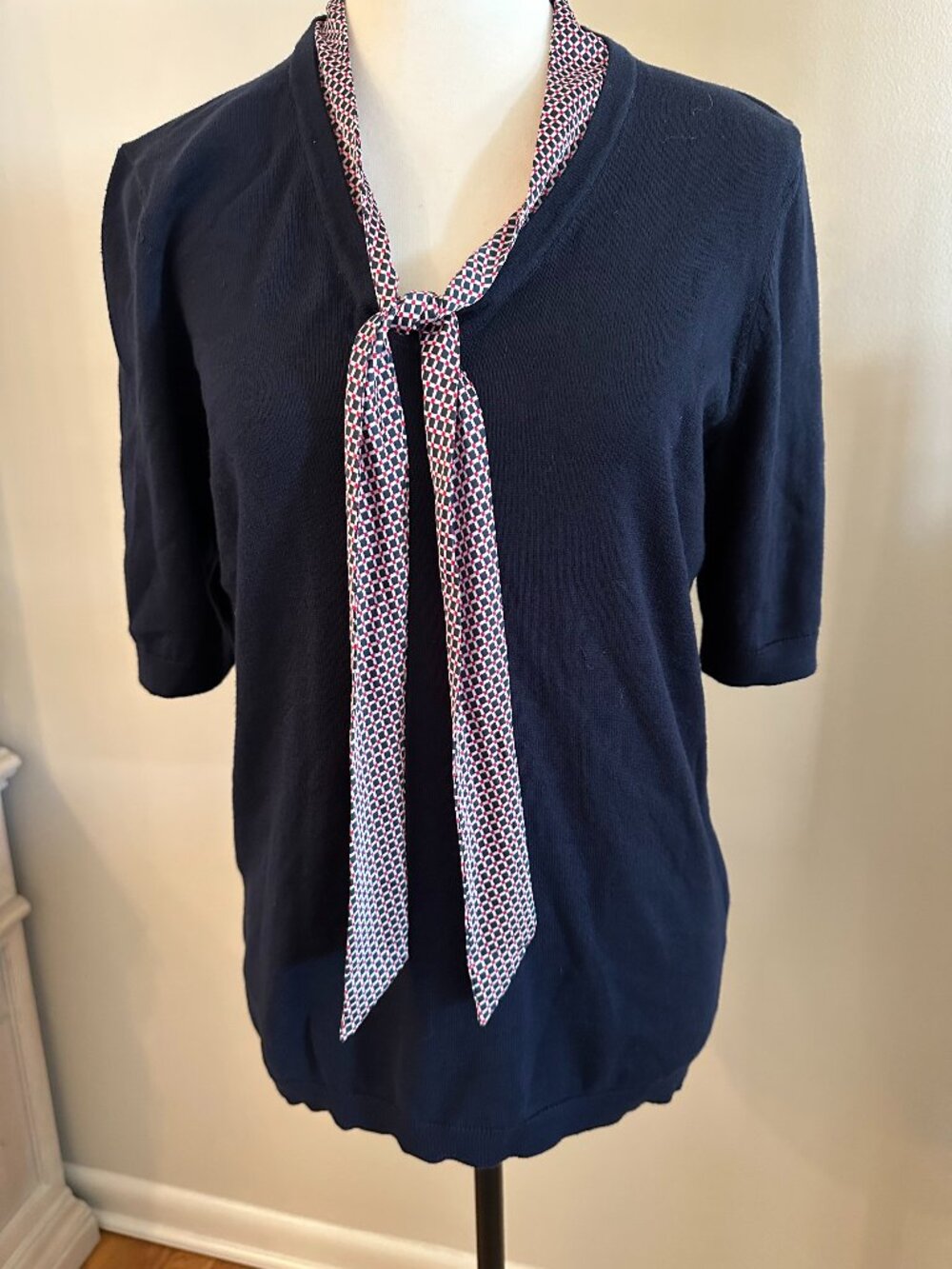 NWT Tommy Hilfiger Navy Tie Neck Sweater Top L Red White Blue